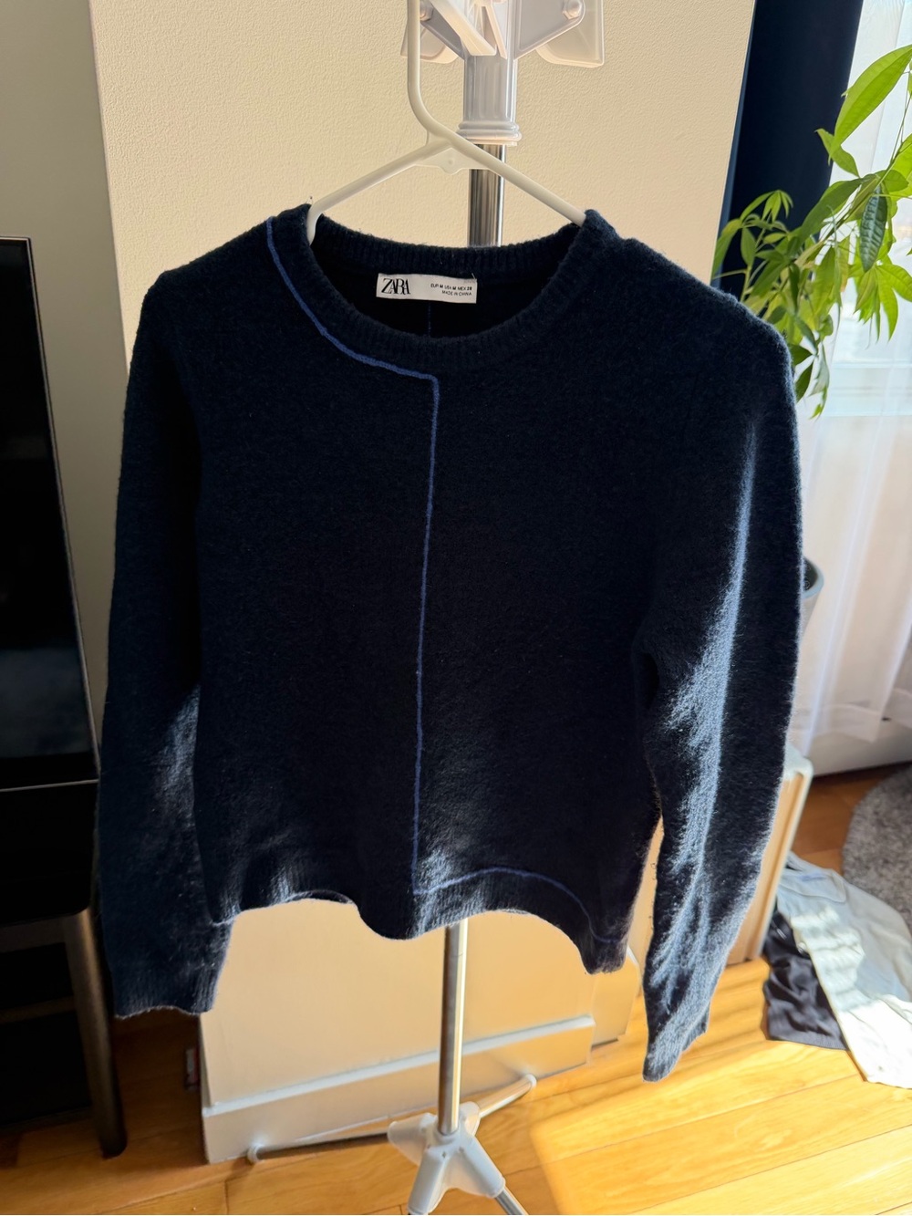 Zara Navy Crewneck Sweater with Contrasting Stitch